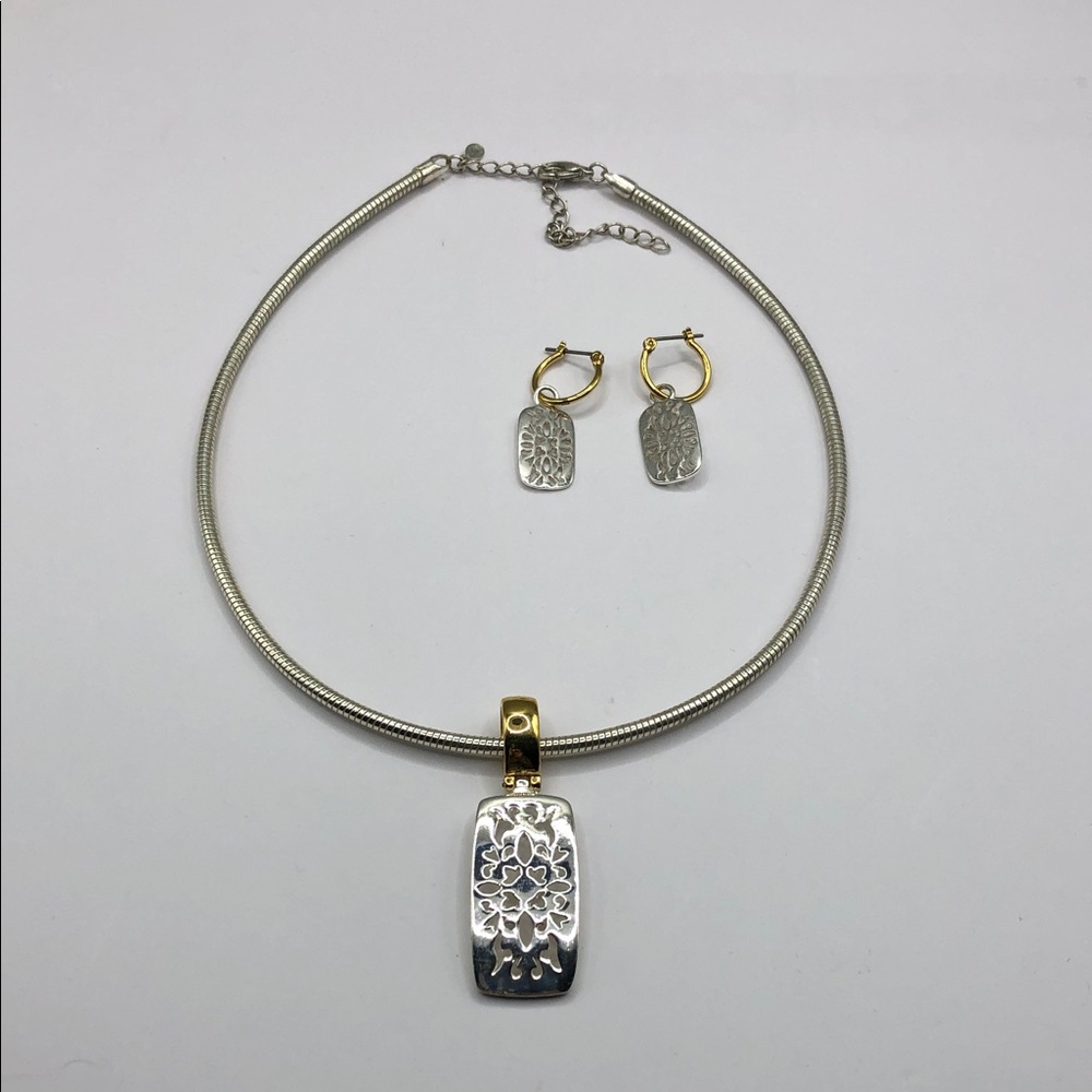 Premier Designs Mixed Metal Omega Chain Filigree Pendant Necklace  + Earrings